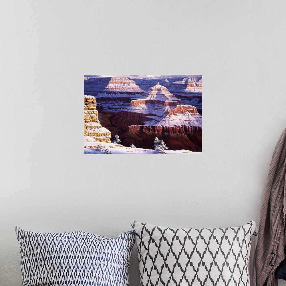A bohemian room featuring Contemporary landscape painting of the Grand Canyon in the winter under a fresh snowfall.