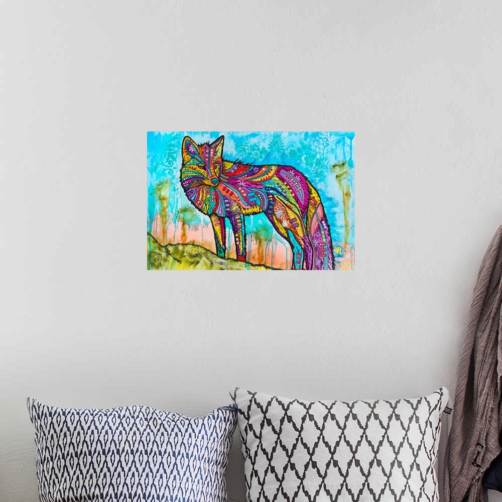A bohemian room featuring Contemporary stencil painting of a wolf filled with various colors and patterns.