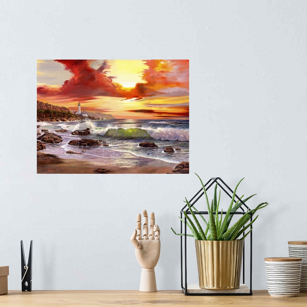 A bohemian room featuring Contemporary painting of waves coming in on the rocky shore, a lighthouse in distance, and a fire...