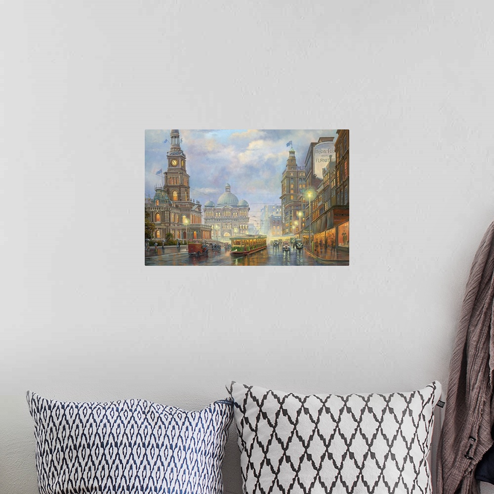 A bohemian room featuring Contemporary painting of an idyllic scene of old Sydney.
