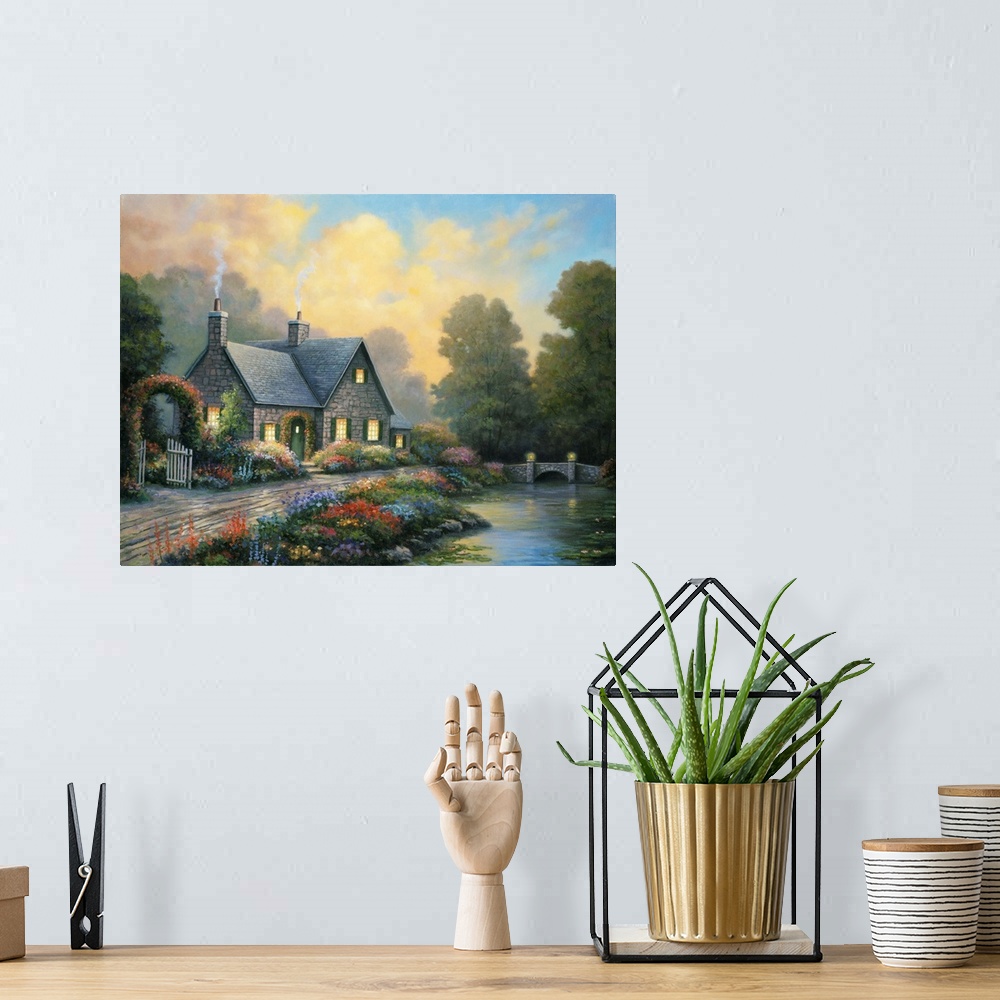 A bohemian room featuring stone cottage, smoke rising from chimney, colorful flowers at the edge of a small river/creek
