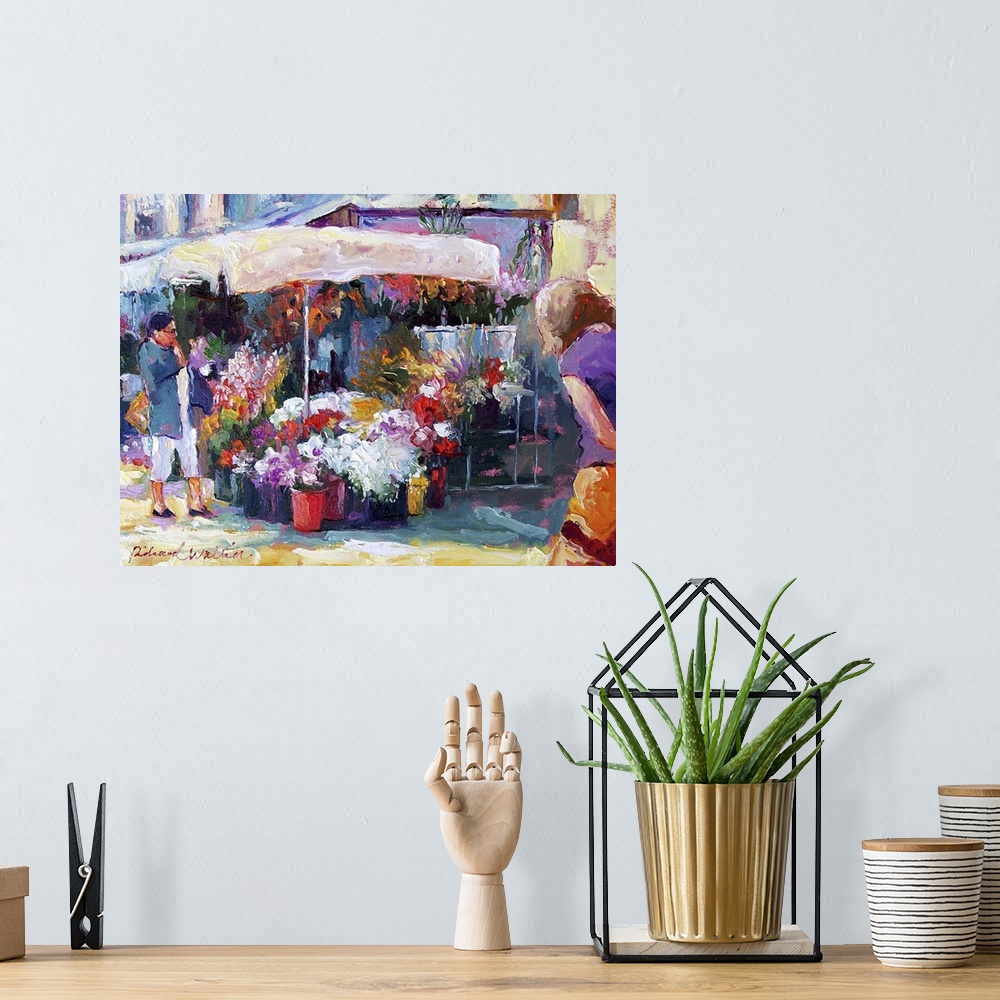 A bohemian room featuring Contemporary painting of a flower stand.