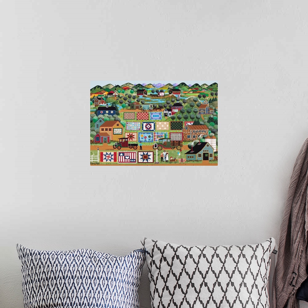 A bohemian room featuring Contemporary painting of an Americana countryside village scene.