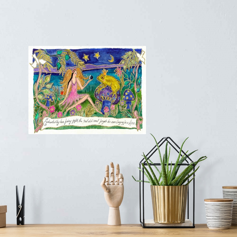 A bohemian room featuring Painting of a woman talking to a frog on a mushroom wearing a crown.