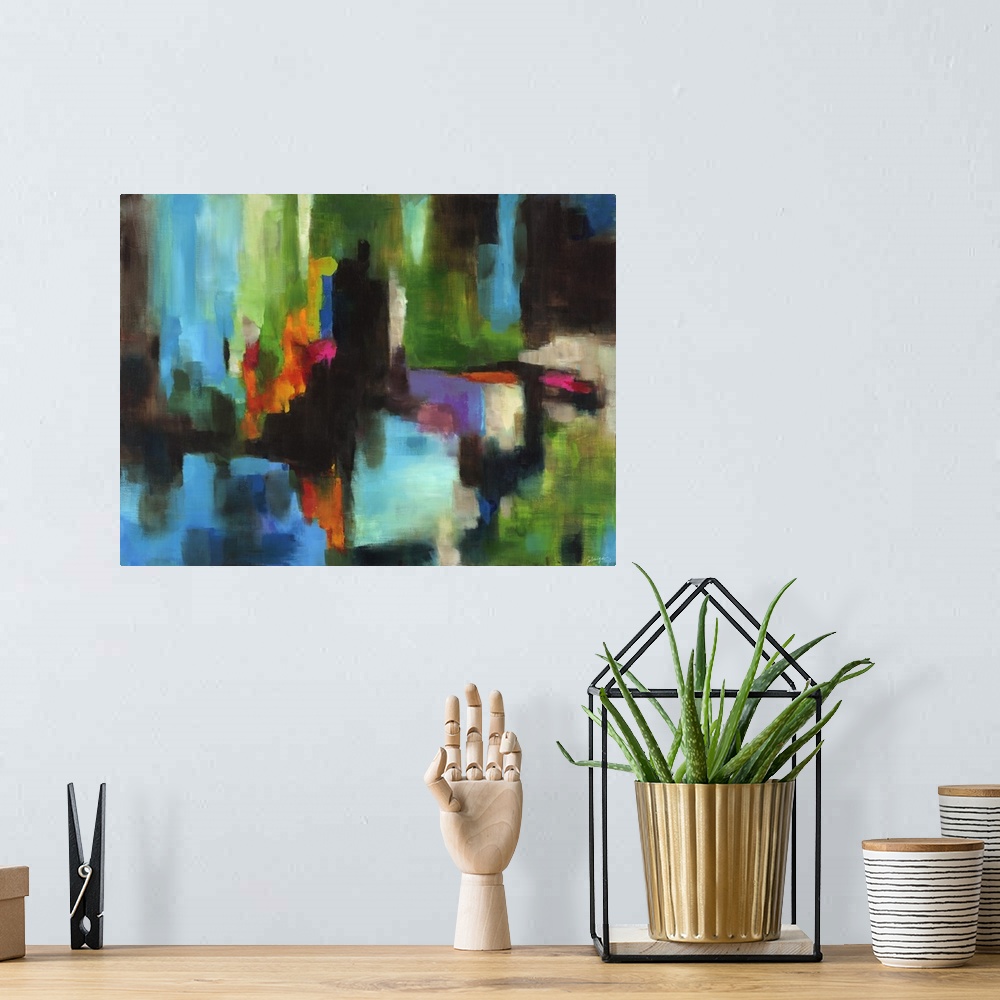 A bohemian room featuring Contemporary abstract painting with bright colors.