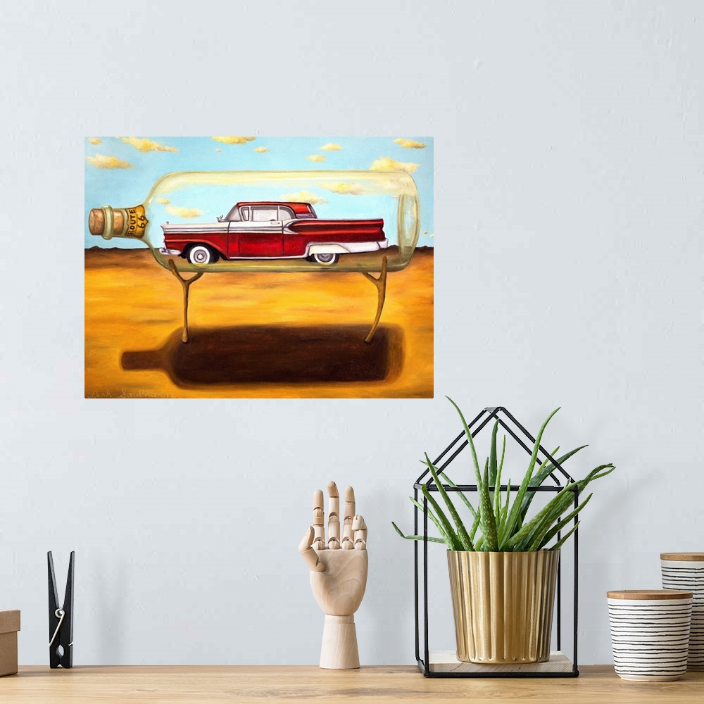 A bohemian room featuring Surrealist painting of a vintage car sitting inside of a giant glass bottle in a desert landscape.
