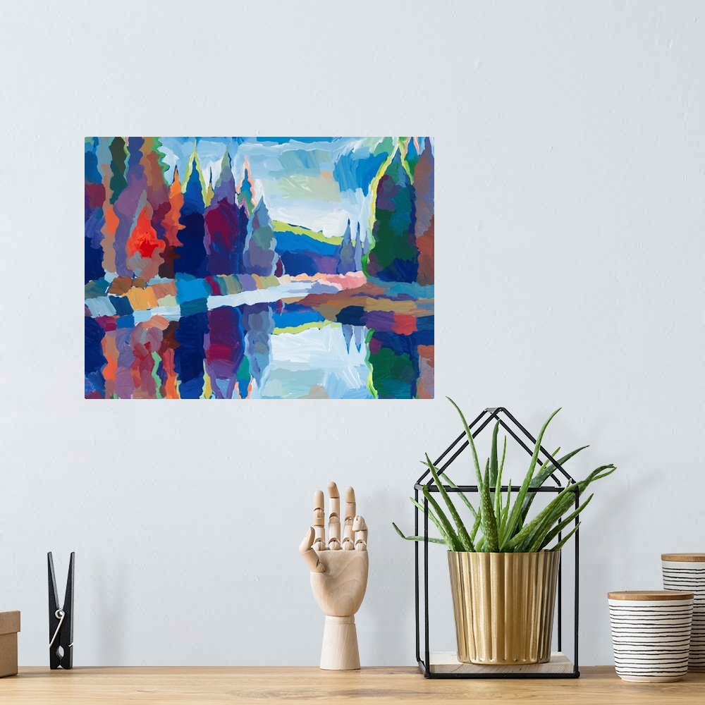 A bohemian room featuring Colorful abstract landscape with trees and mountains reflecting into the lake in the foreground.