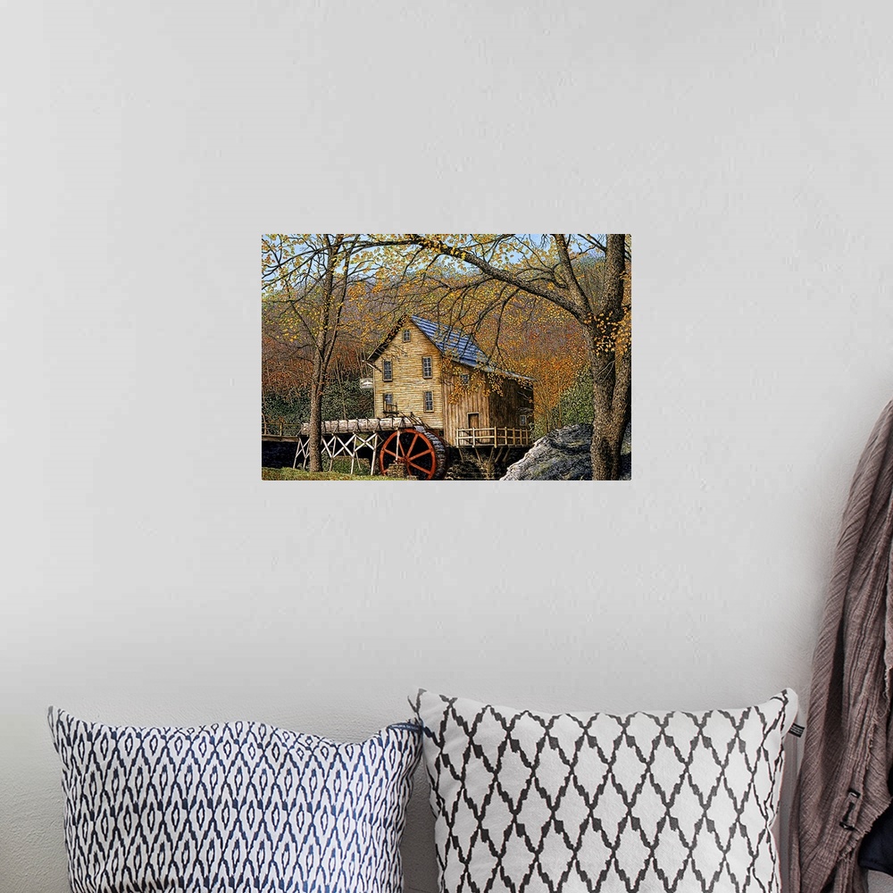 A bohemian room featuring Contemporary painting of a watermill in an autumn landscape.