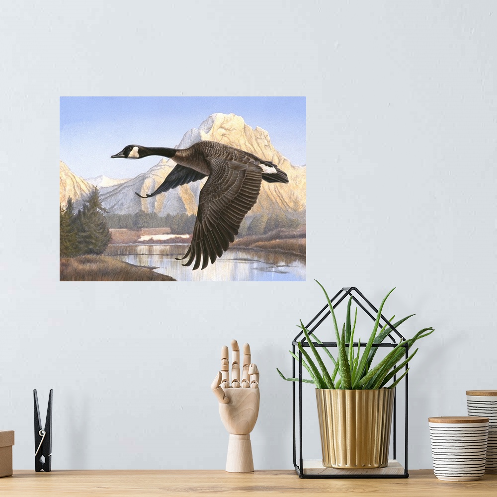 A bohemian room featuring A goose flying over a body of water with a mountain in the background.
