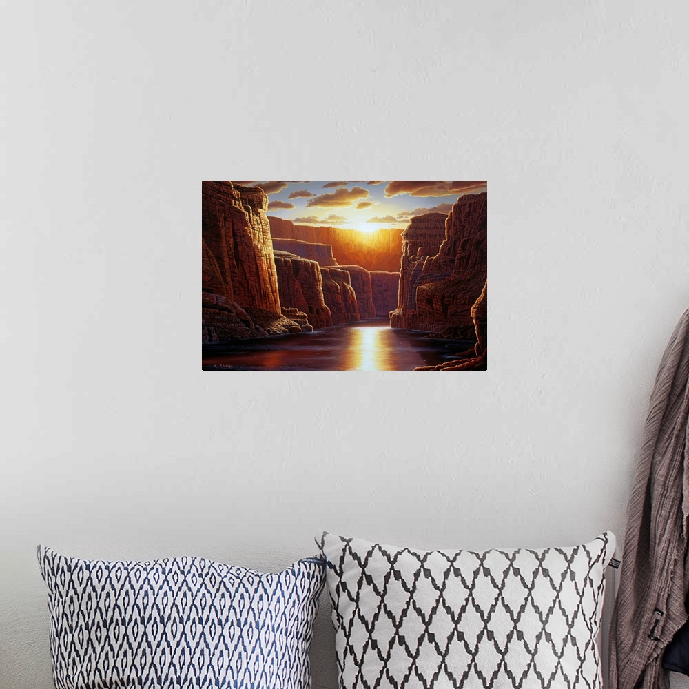 A bohemian room featuring Contemporary landscape painting of the Grand Canyon at sunrise.