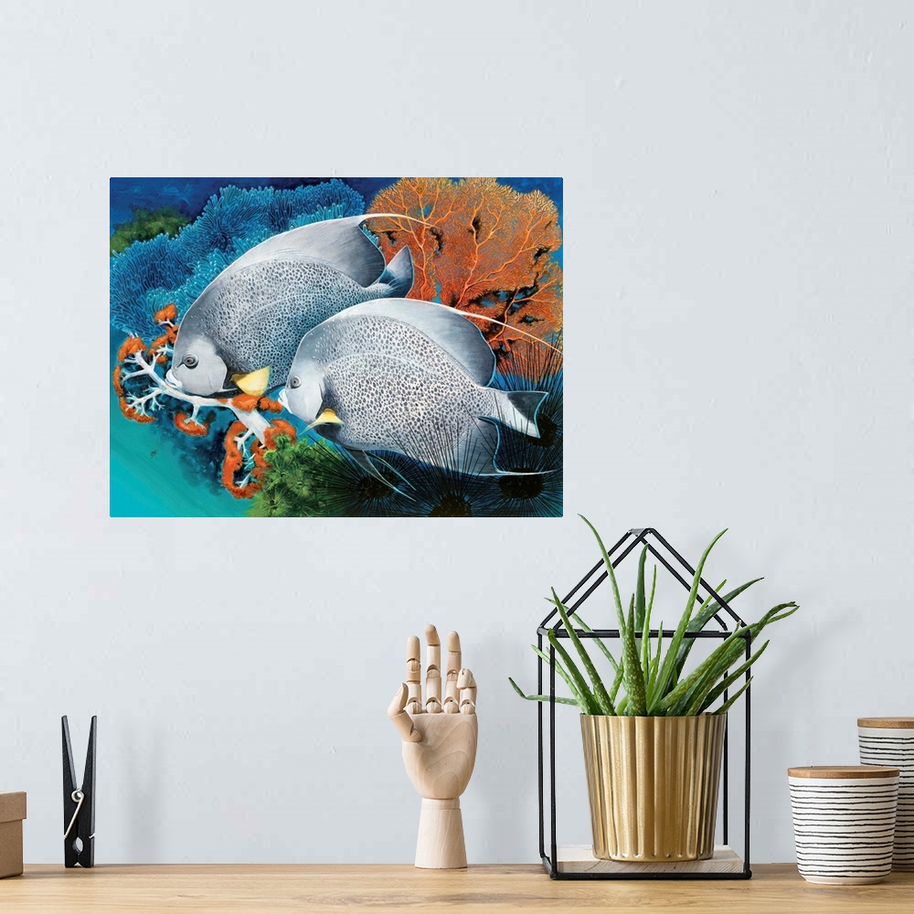 A bohemian room featuring Contemporary painting of two tropical fish.