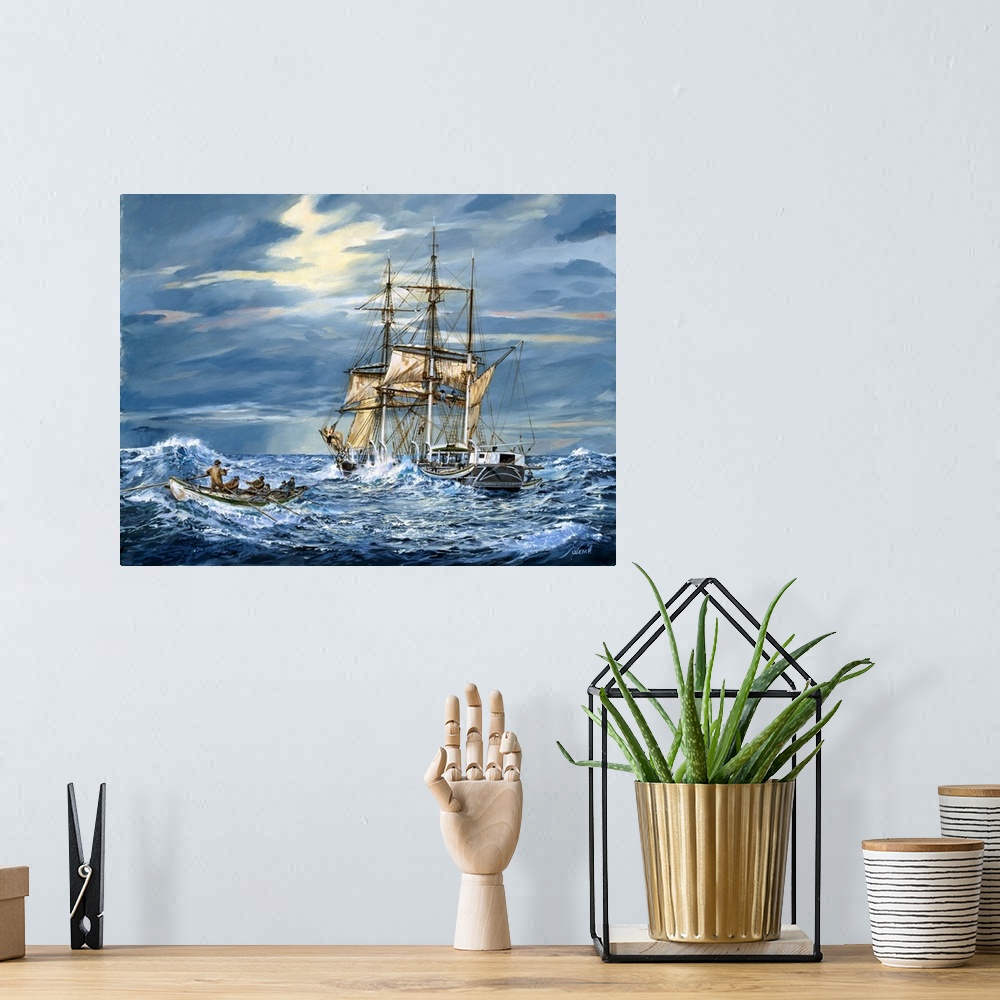 A bohemian room featuring Contemporary painting of an idyllic scene of a ship sailing the open waters.