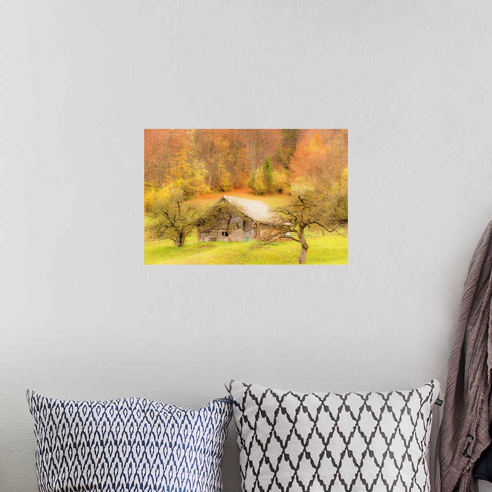 A bohemian room featuring Landscape photograph of an old barn on a hill surrounded by Autumn trees.