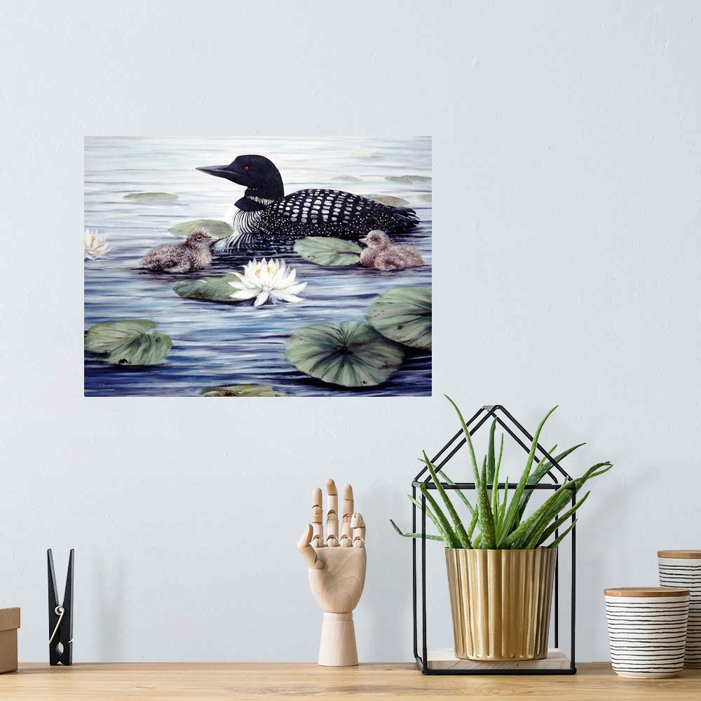 A bohemian room featuring Contemporary artwork of a loon swimming among lily pads.