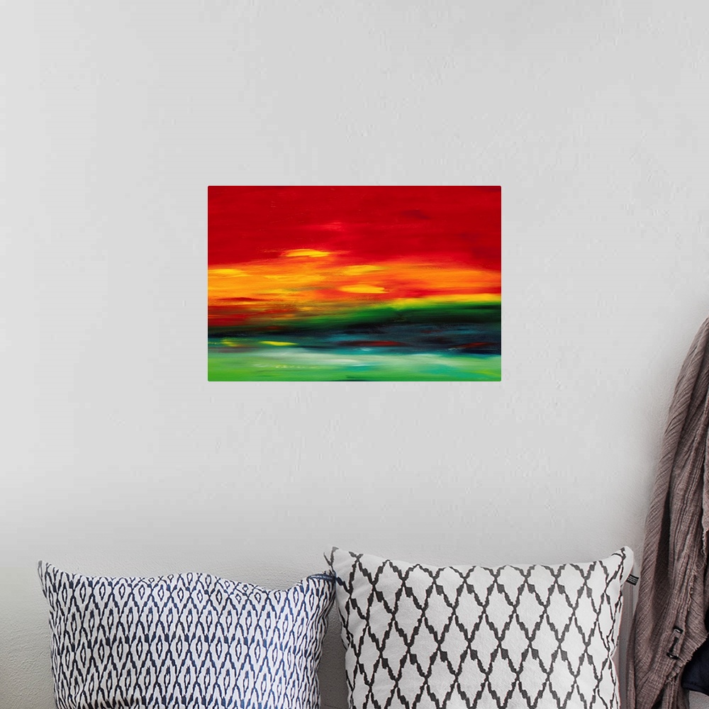A bohemian room featuring Contemporary abstract resembling a vibrant sunset sky.