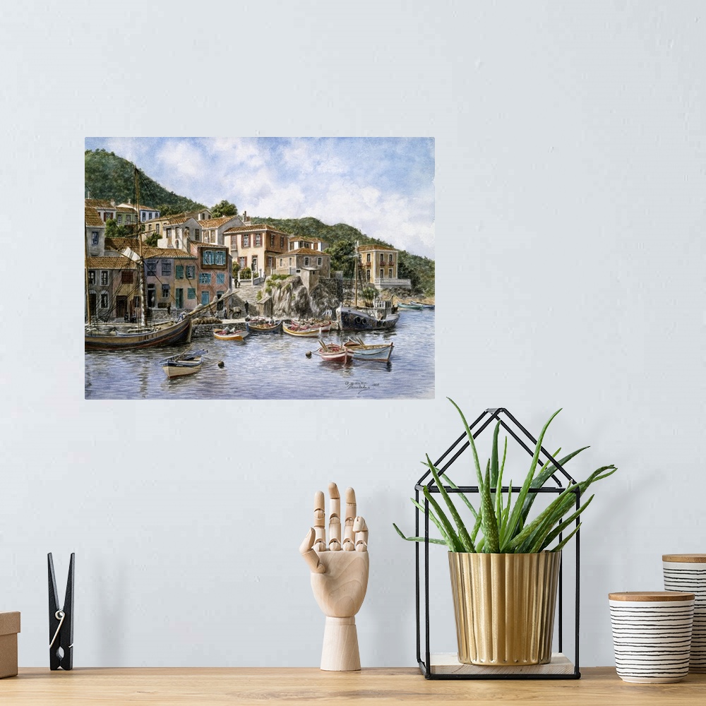 A bohemian room featuring Contemporary painting of a fishing village in Greece.