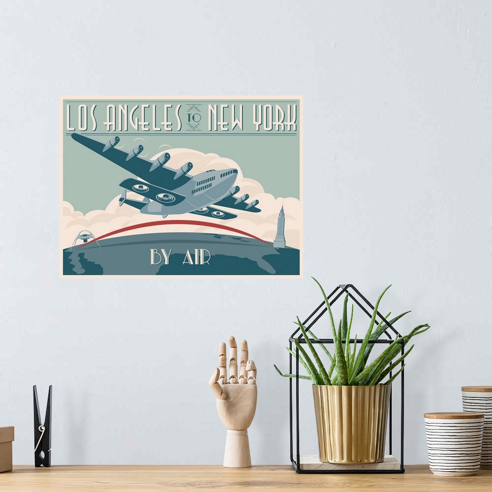 A bohemian room featuring Retro minimalist travel poster art.