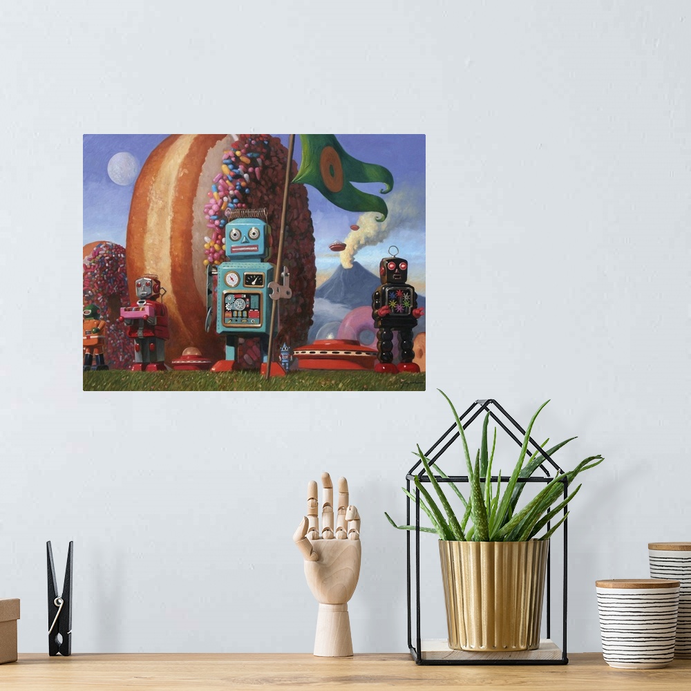 A bohemian room featuring A contemporary painting of a blue retro toy robot holding a green flag with a donut on it while g...