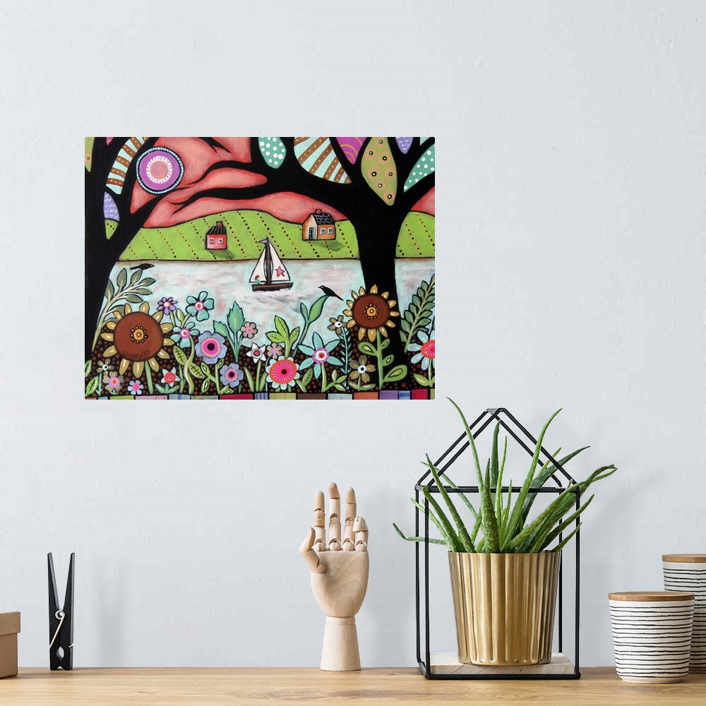 A bohemian room featuring A contemporary folk art style painting of a rolling countryside landscape.