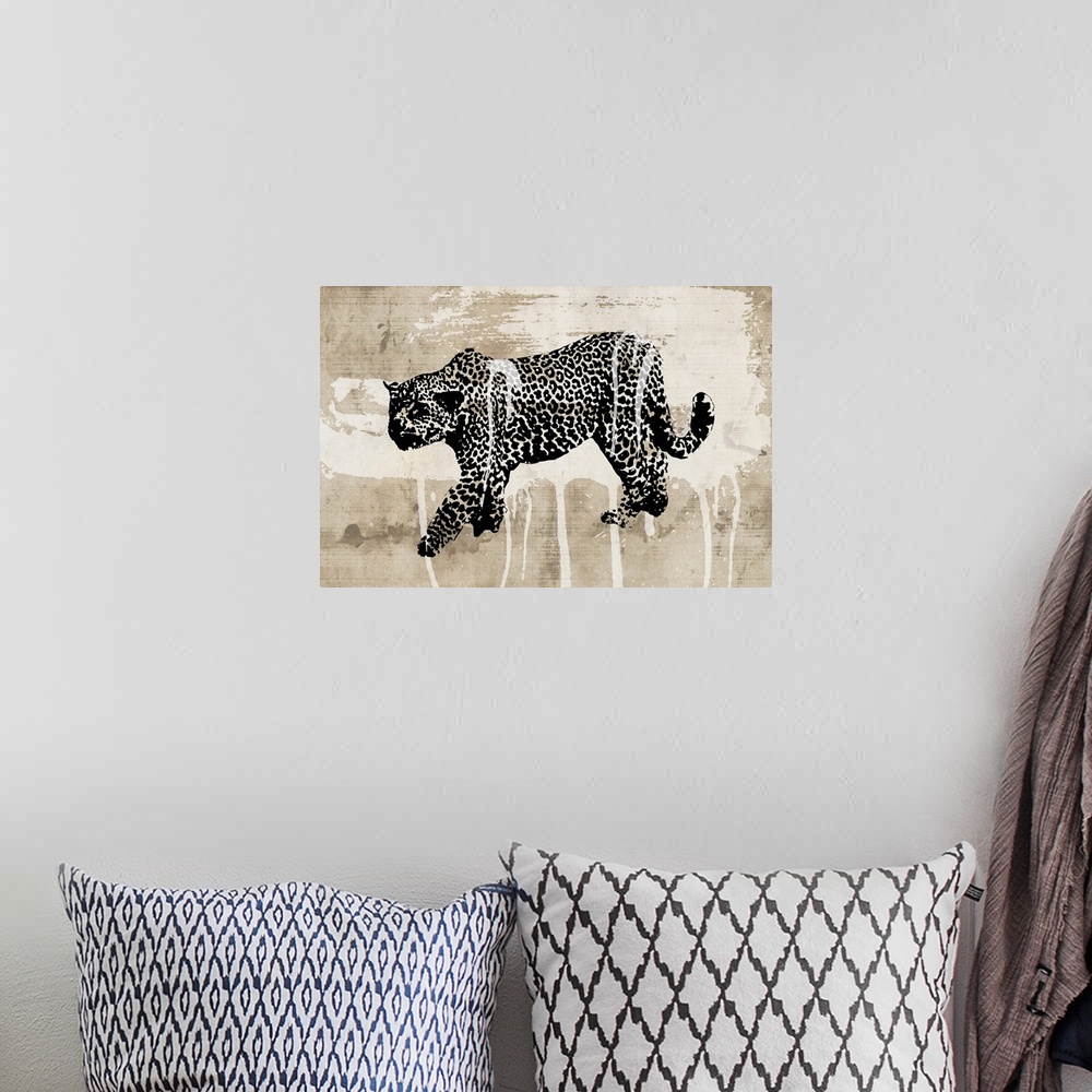 A bohemian room featuring A contemporary painting of a black and white leopard against an abstract background.