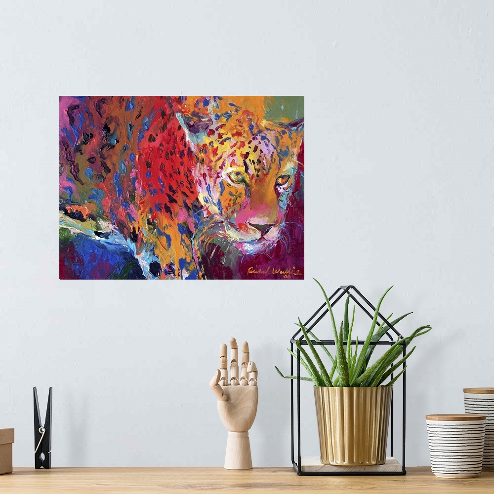 A bohemian room featuring Contemporary vibrant colorful painting of a leopard.