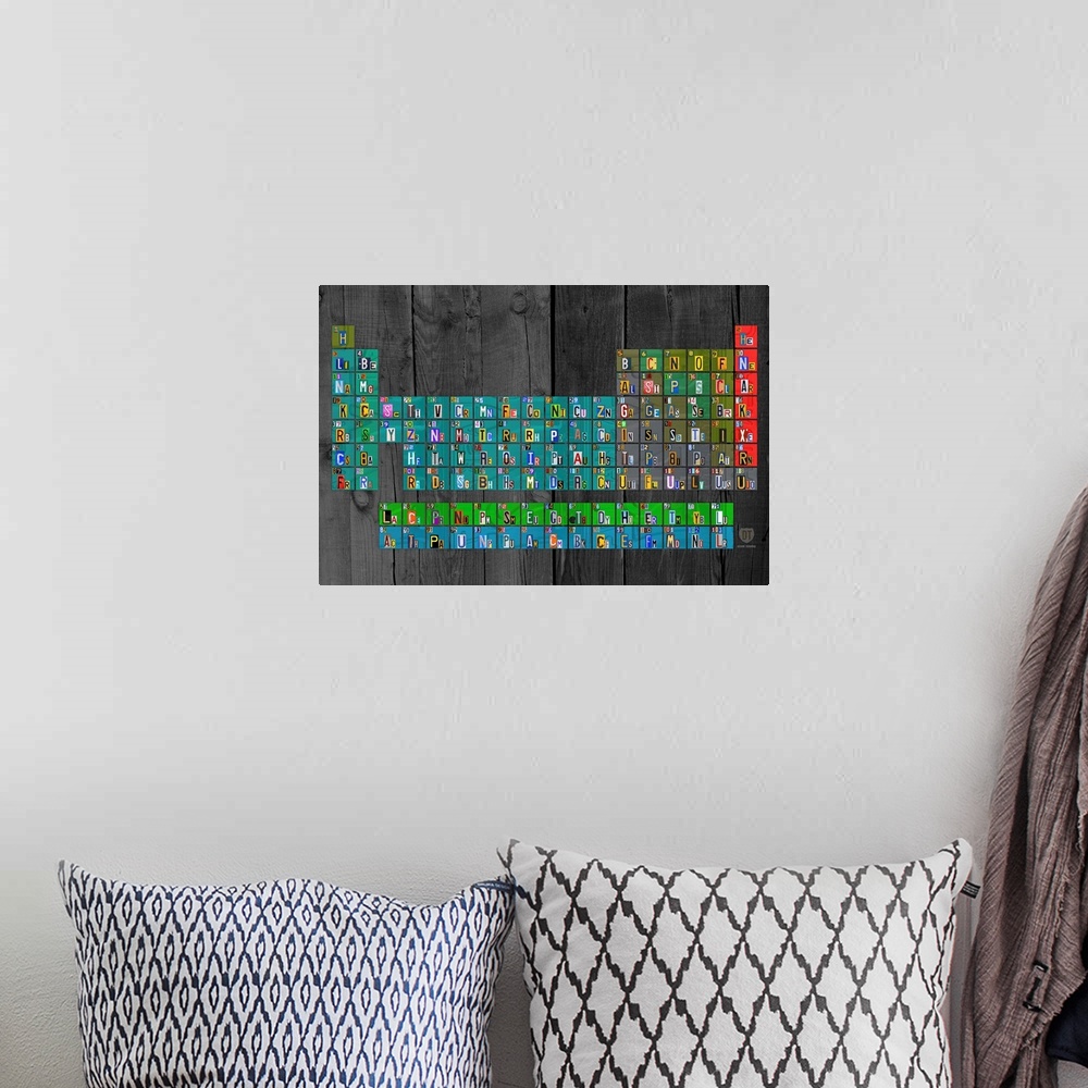 A bohemian room featuring License Plate Periodic Table