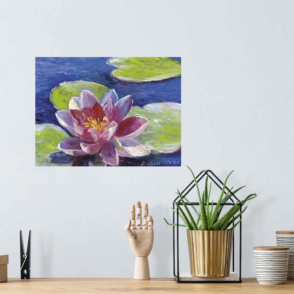 A bohemian room featuring Contemporary colorful painting of a water lily.