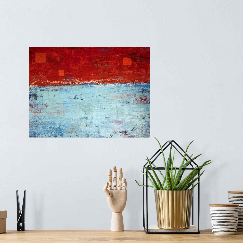 A bohemian room featuring Contemporary abstract painting in red, blue, and white.