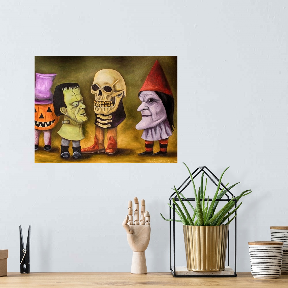 A bohemian room featuring Surrealist painting of a group of children wearing giant monster masks.