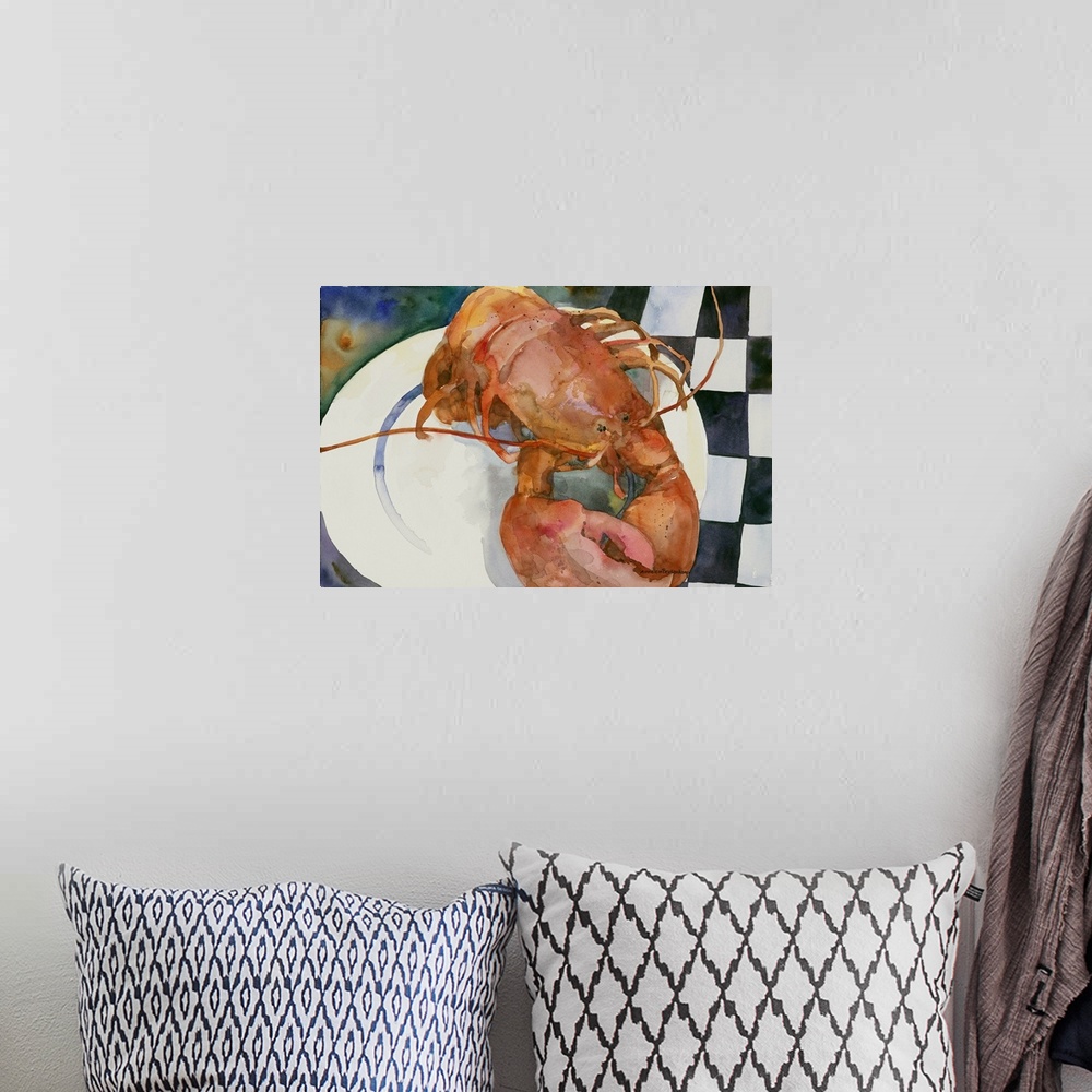 A bohemian room featuring Contemporary watercolor painting of a lobster on a dinner plate.