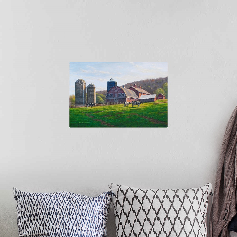A bohemian room featuring Contemporary artwork of a cow and farm scene.