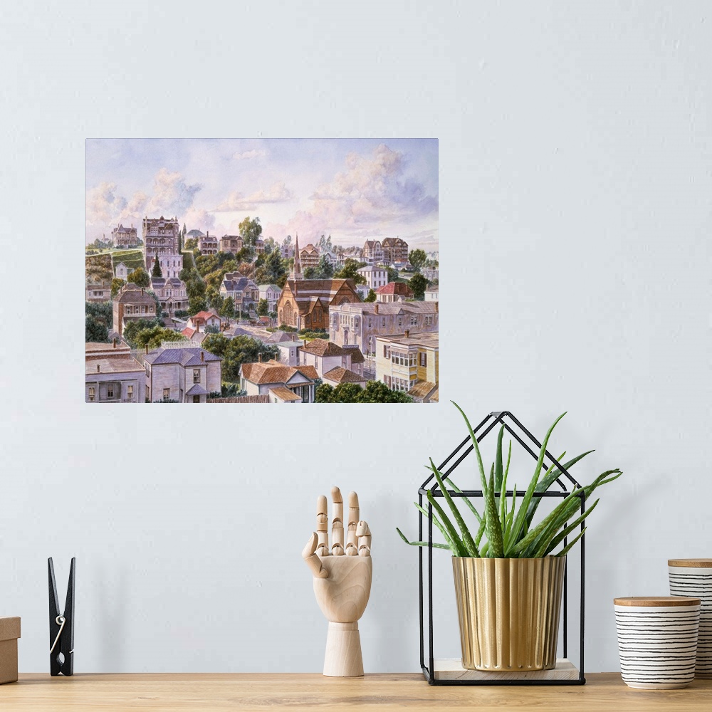 A bohemian room featuring Contemporary painting of a cityscape view of Bunker Hill in Los Angeles California.