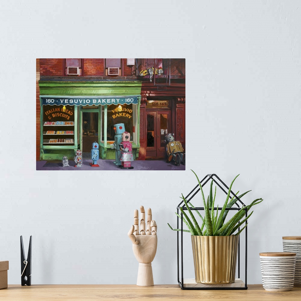 A bohemian room featuring A contemporary painting of a retro toy robot family outside a bakery.