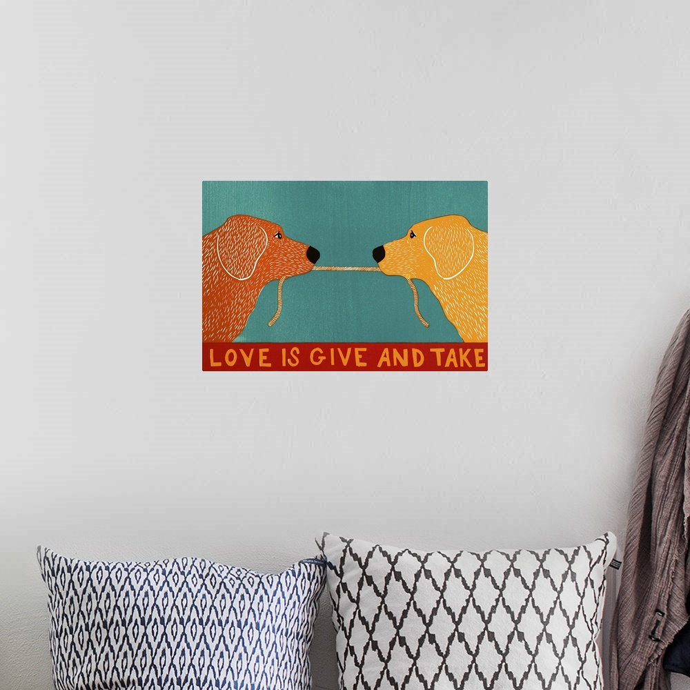 A bohemian room featuring Illustration of a golden retriever and a yellow lab playing tug-a-war with a rope and the phrase ...