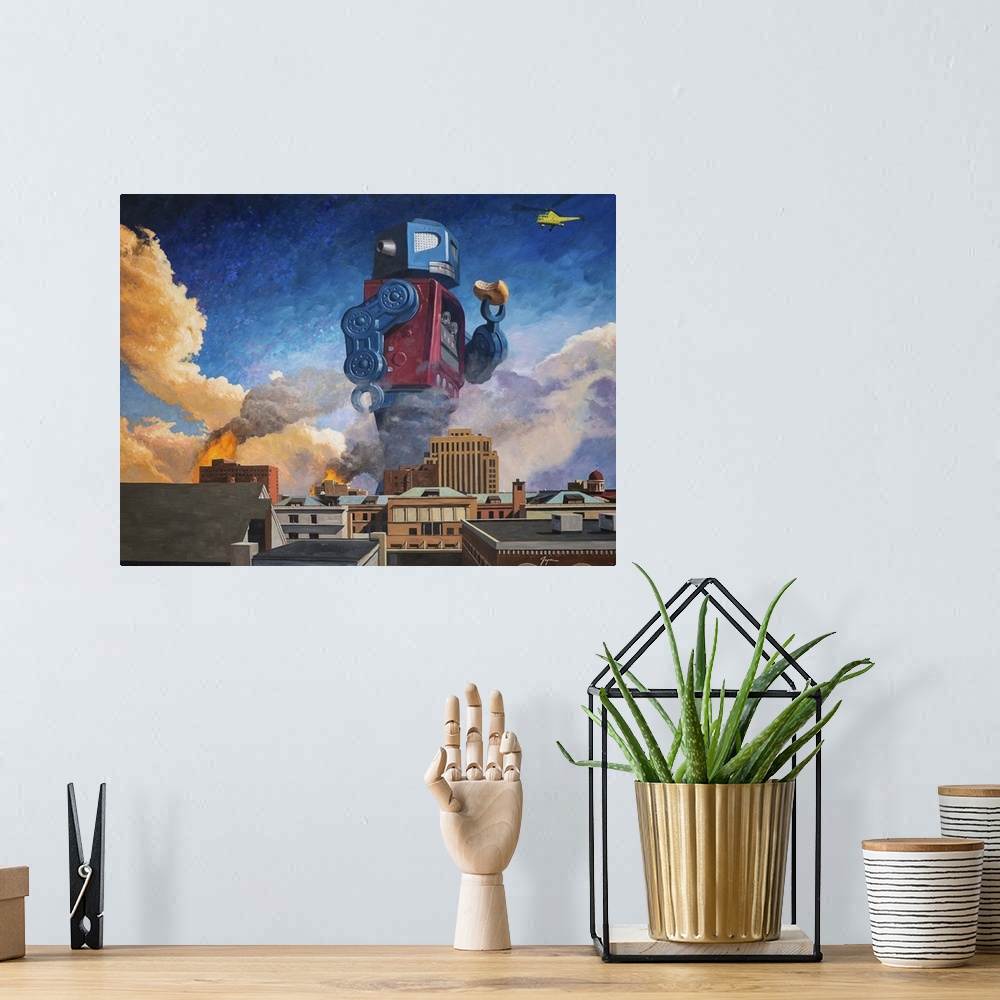 A bohemian room featuring A contemporary painting of a giant retro toy robot eating a donut and walking through a burning c...
