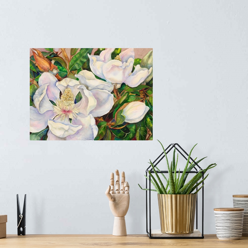 A bohemian room featuring Colorful contemporary painting of white magnolias.