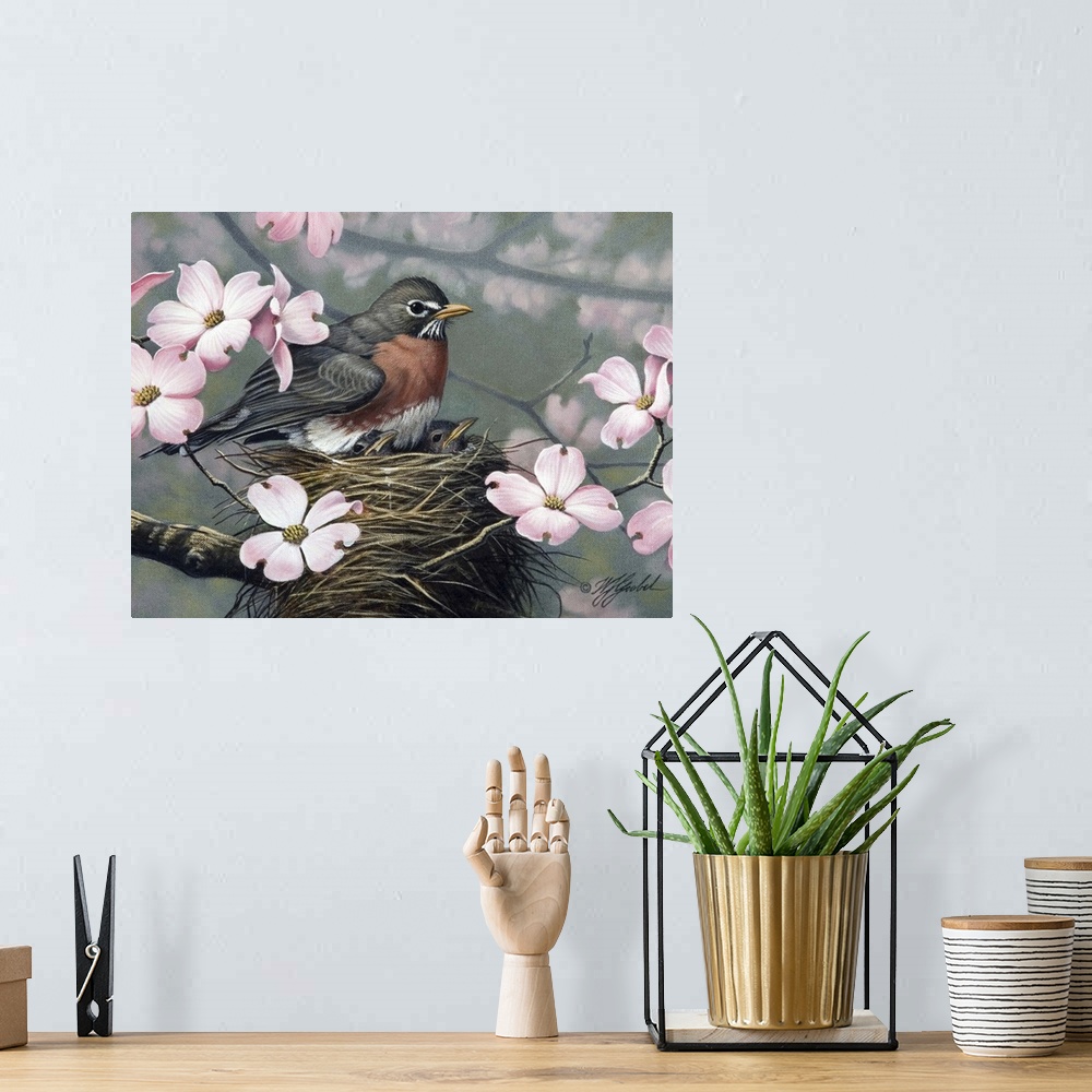 A bohemian room featuring Robin in nest surround by apple blossoms.