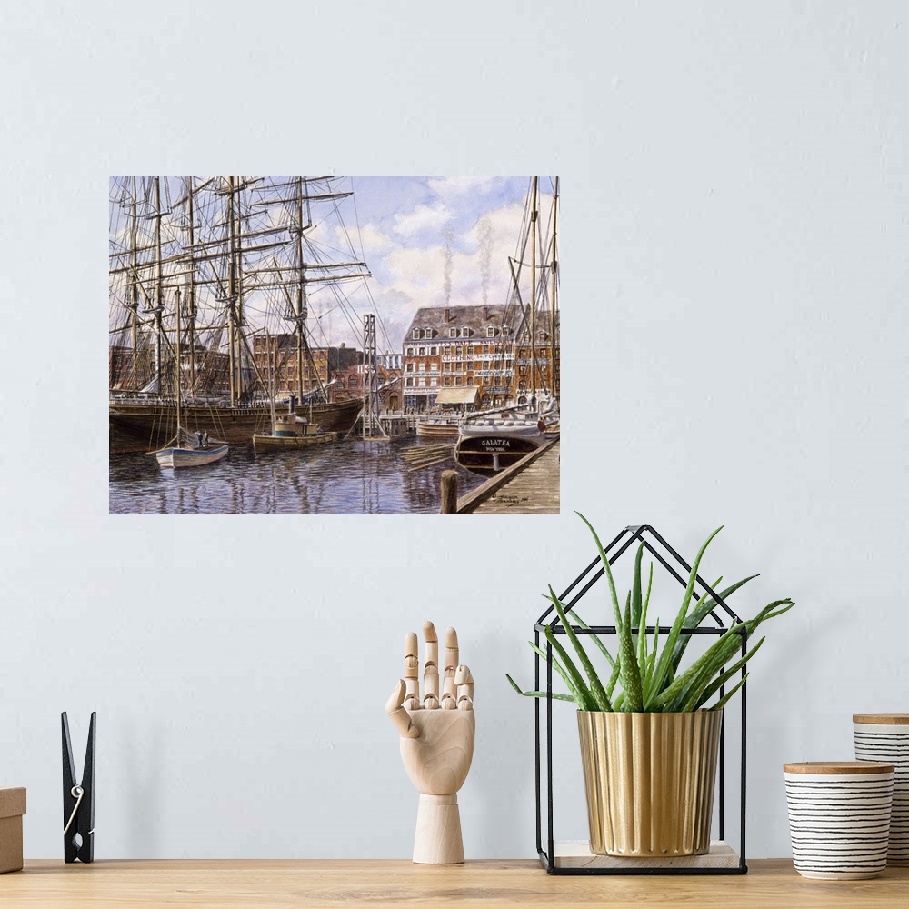 A bohemian room featuring Contemporary painting of a harbor filled with ships and fishing boats.