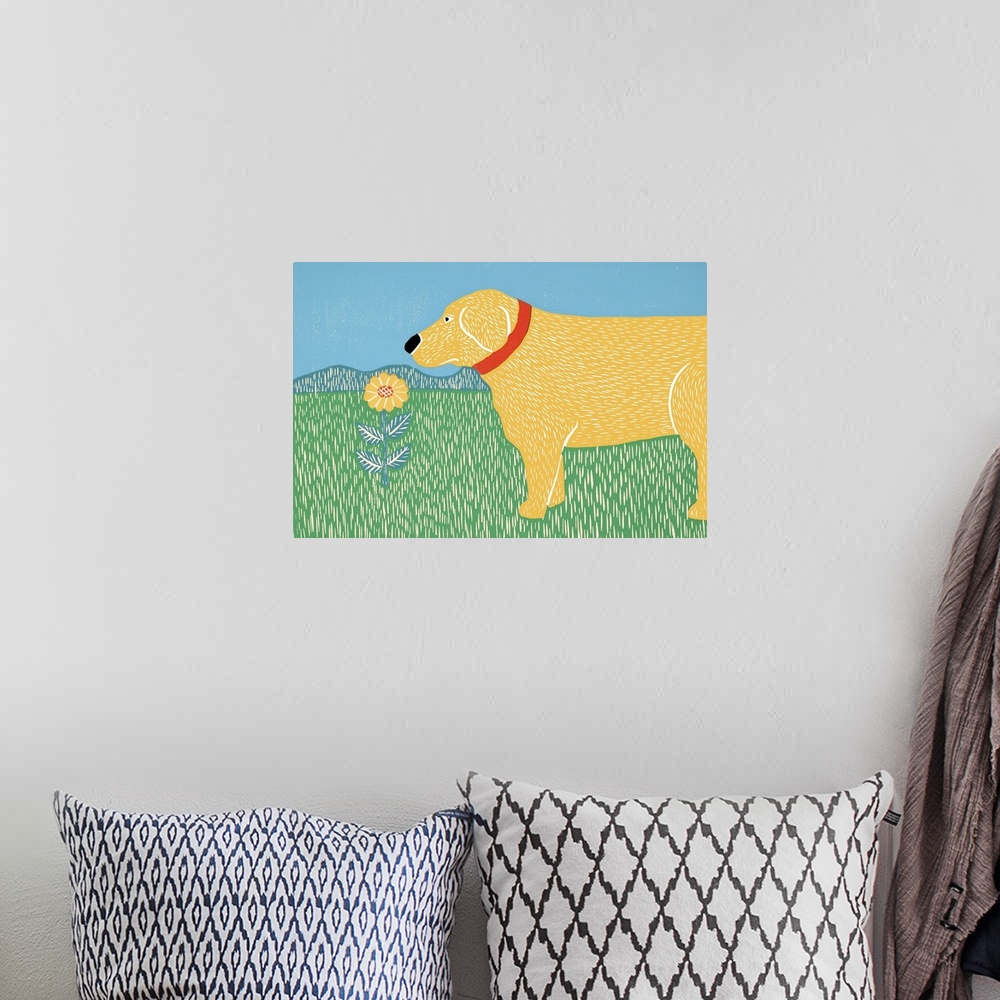 A bohemian room featuring Illustration of a yellow lab smelling a yellow flower.