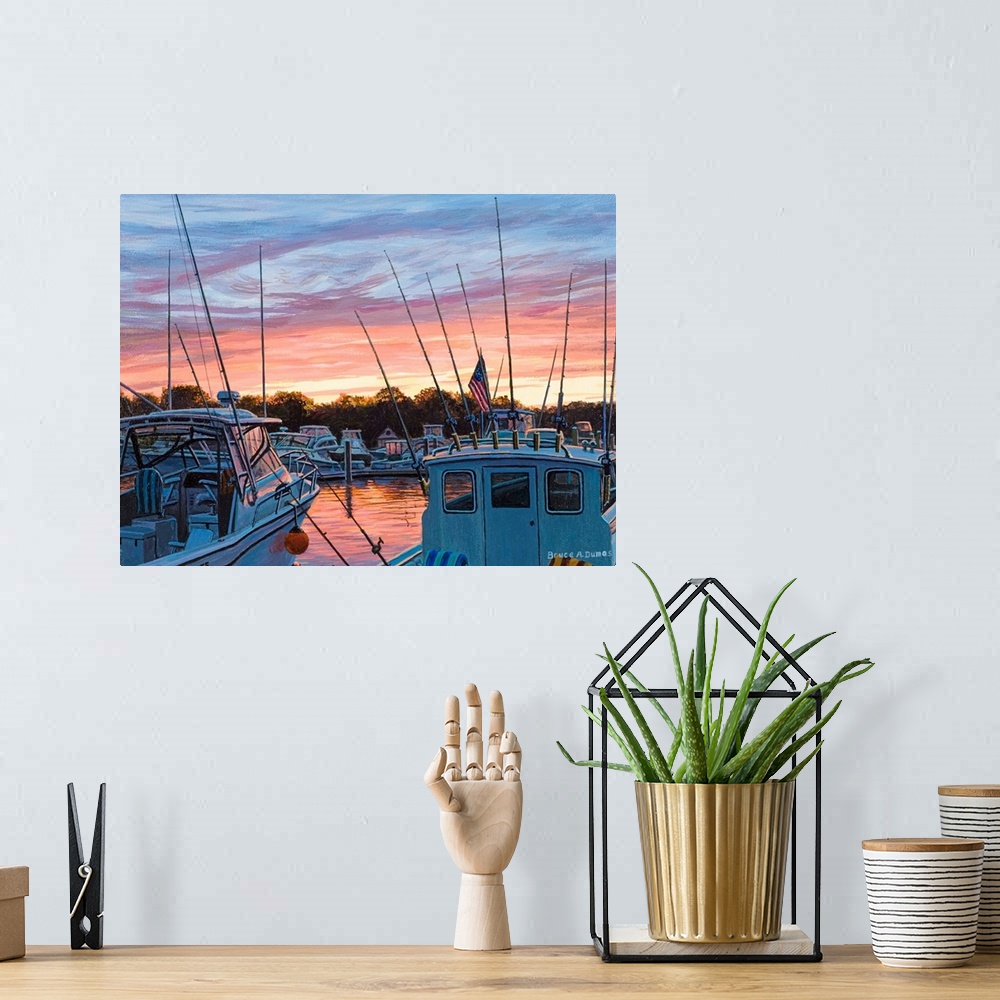 A bohemian room featuring Contemporary painting of a harbor at sunset.