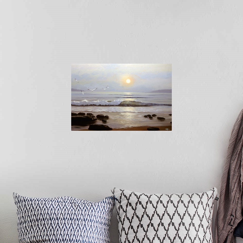 A bohemian room featuring Contemporary painting of the ocean shore with shallow waves at sunset.
