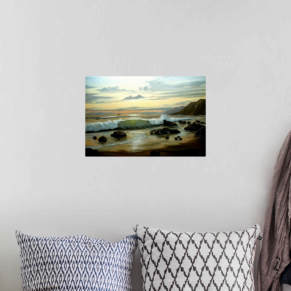 A bohemian room featuring Contemporary painting of waves crashing on the coastline at twilight.