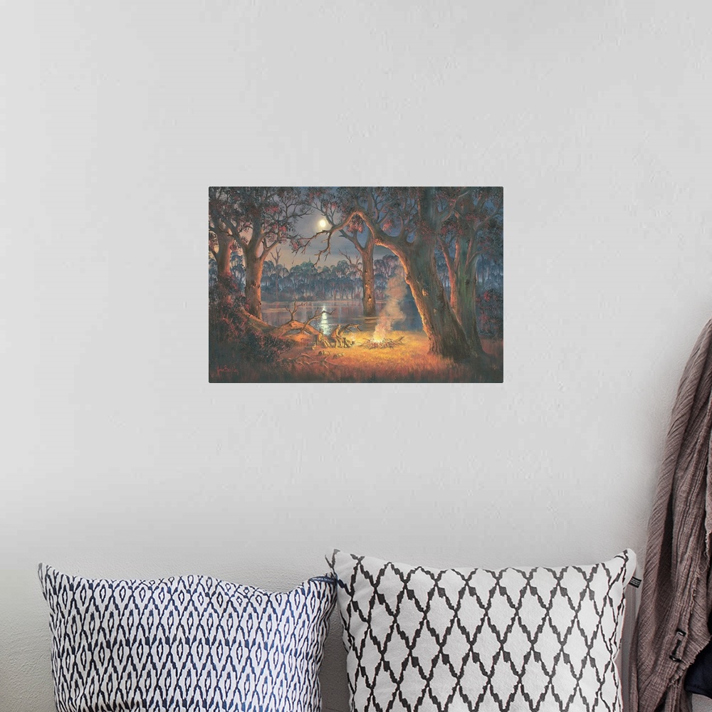 A bohemian room featuring Contemporary painting of old friends sitting beside a roaring campfire at night.