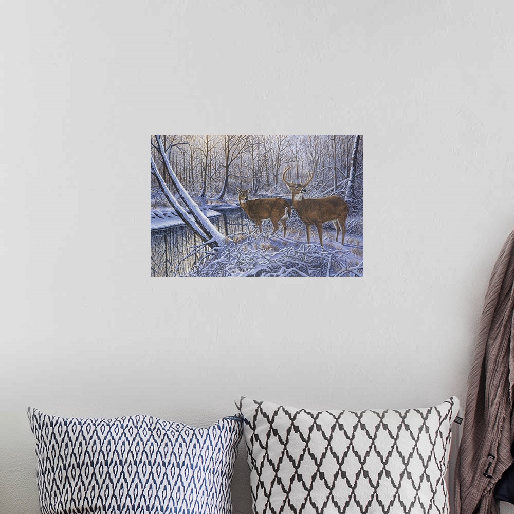 A bohemian room featuring Contemporary artwork of two white tail deer about to drink from stream in wintery forest but turn...