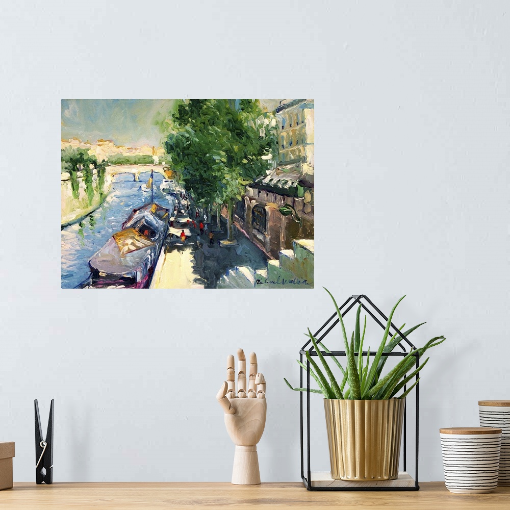 A bohemian room featuring Contemporary painting of a canal in Paris.