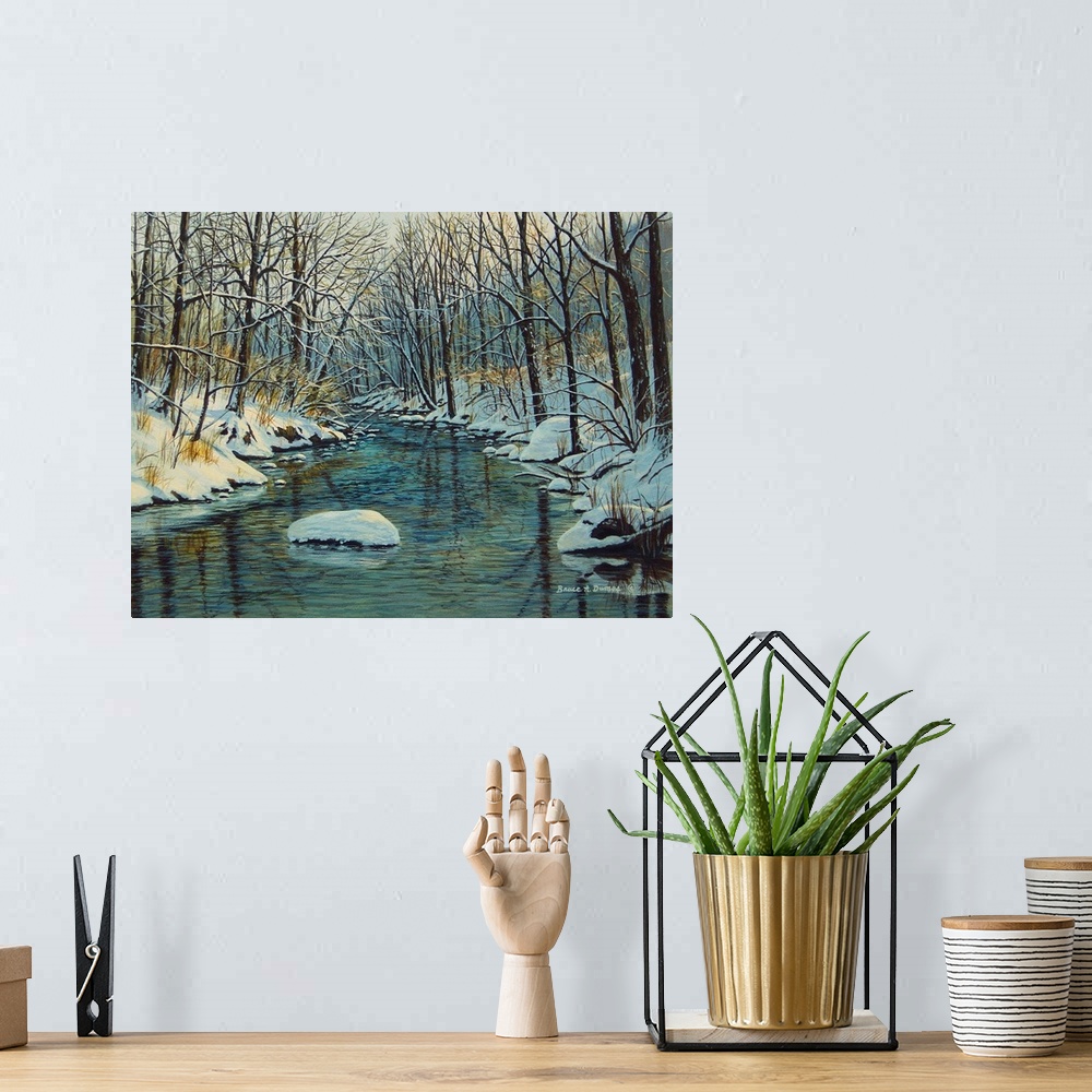 A bohemian room featuring Contemporary artwork of a winter forest scene with a river running through it