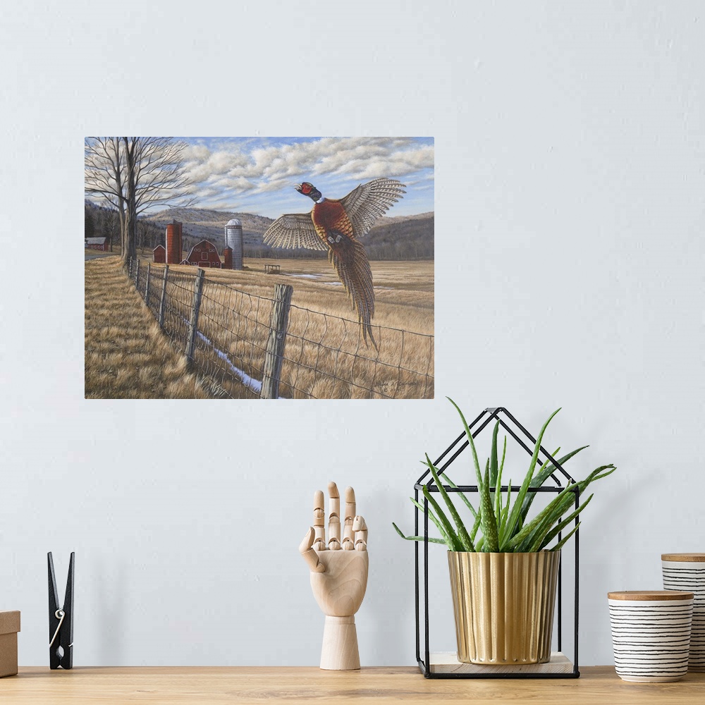 A bohemian room featuring Contemporary painting of a pheasant flying over farm fence with field and barn in the background