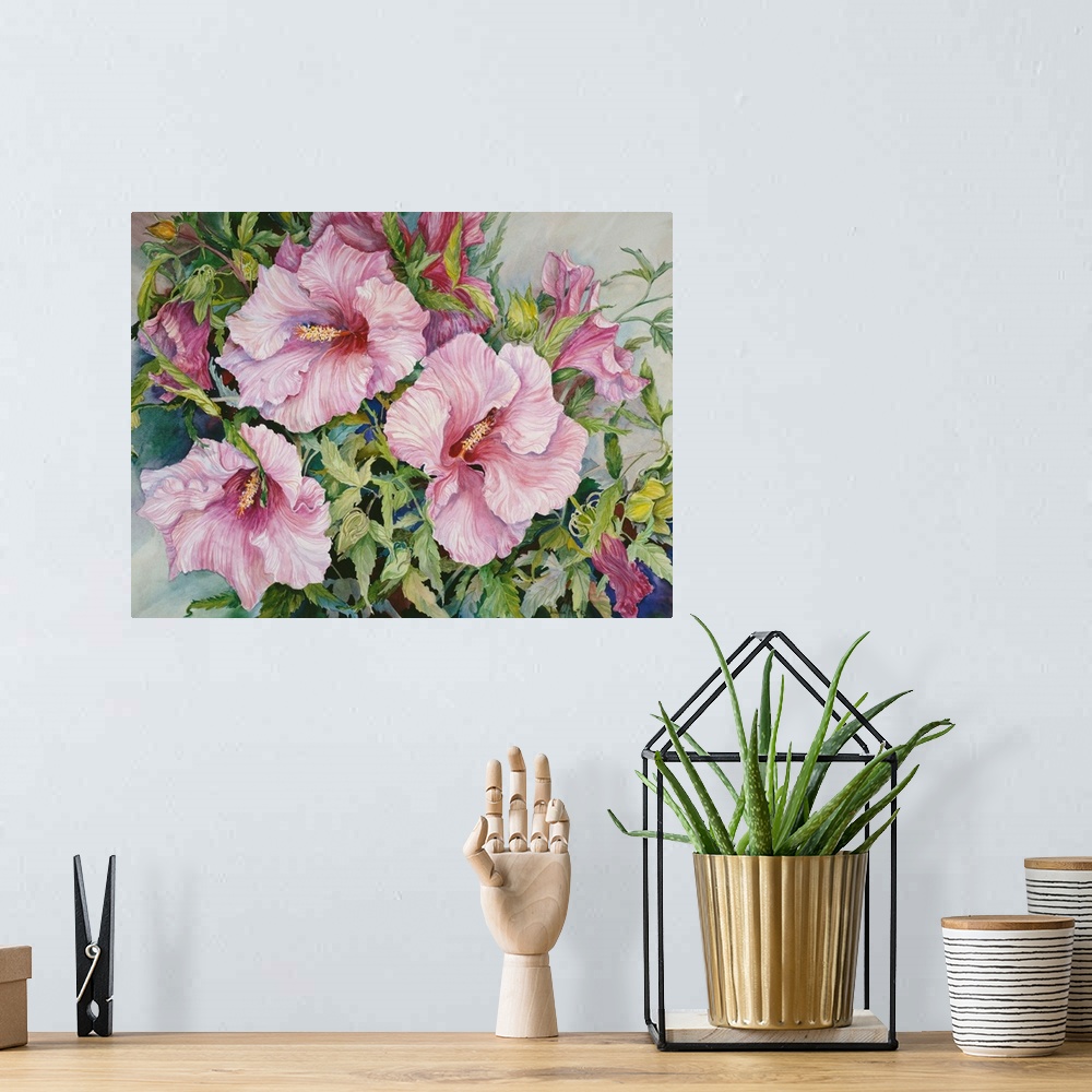 A bohemian room featuring Colorful contemporary painting of bright pink hibiscus flowers.