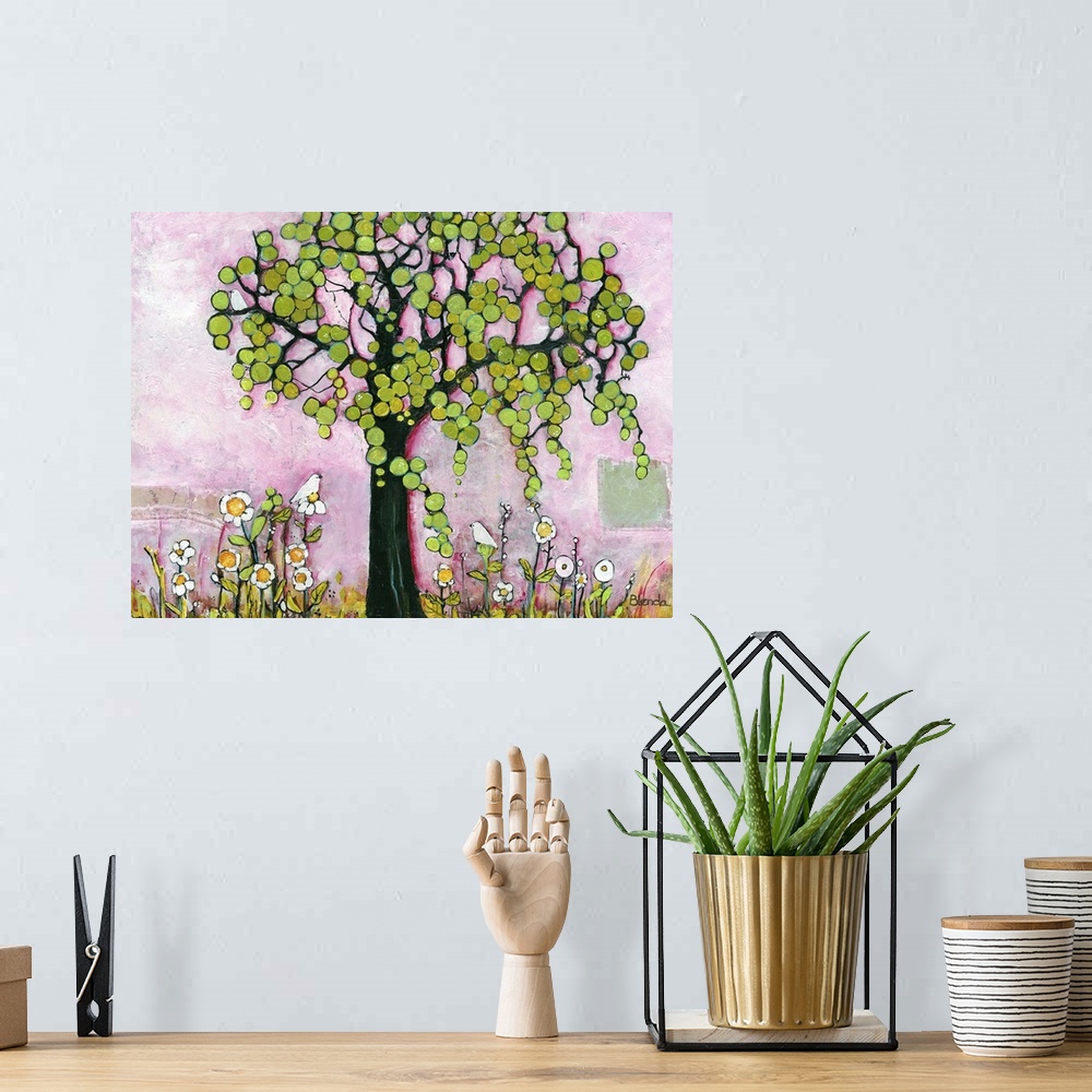 A bohemian room featuring Lighthearted contemporary painting of a tree against a pink background.