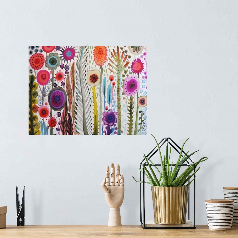 A bohemian room featuring Contemporary watercolor painting of colorful flowers against a white background.